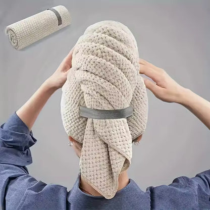 Large Hair Drying Towel, Solid Color Water Absorbent, Microfiber Wrap with Elastic Strap, Soft Quick Drying Towel Hair