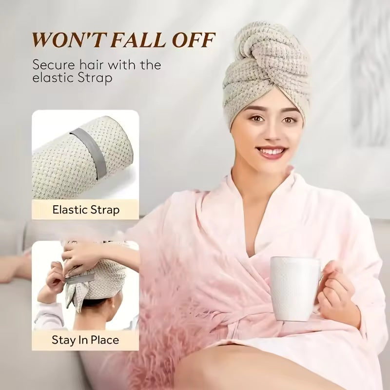 Large Hair Drying Towel Solid Color Water Absorbent Microfiber Wrap With Elastic Strap Soft Quick D 4