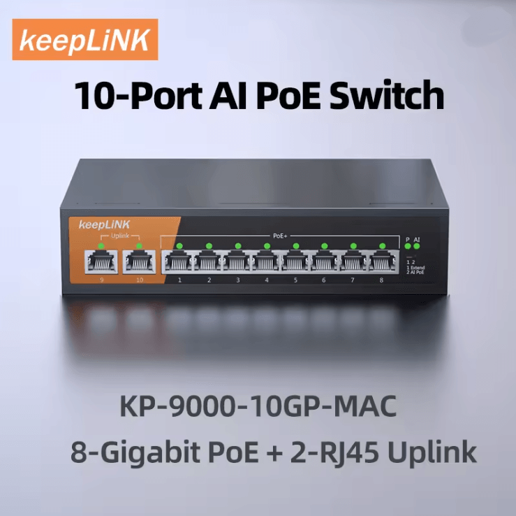 KeepLiNK 10 Port Gigabit Ethernet Switch with 8 PoE Ports and Dual RJ45 Uplink