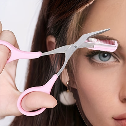 Stainless Steel Pink Eyebrow Trimmer Scissors with Comb, Precision Beauty Tool for Safe, Easy & Comfortable Eyebrow