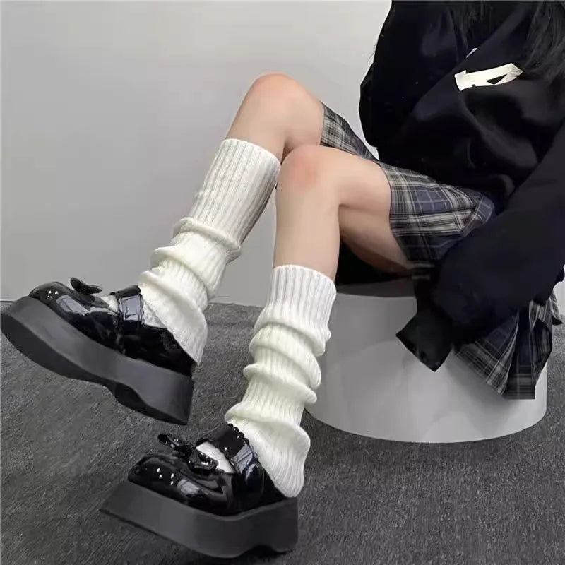 Lolita Leg Warmers 40/50/70 cm, Female Knitted Warm Foot Cover Socks in Black/White, Y2K Crochet Boot Cuffs for Autumn