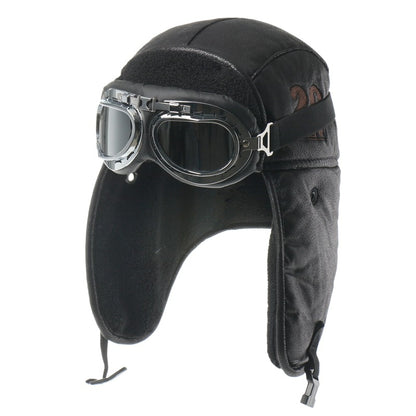 SupSindy Men Winter Bomber Hat With Goggles, Warm Leather Pilot Ushanka Earflap Hat Motorcycle Windproof Faux Fur