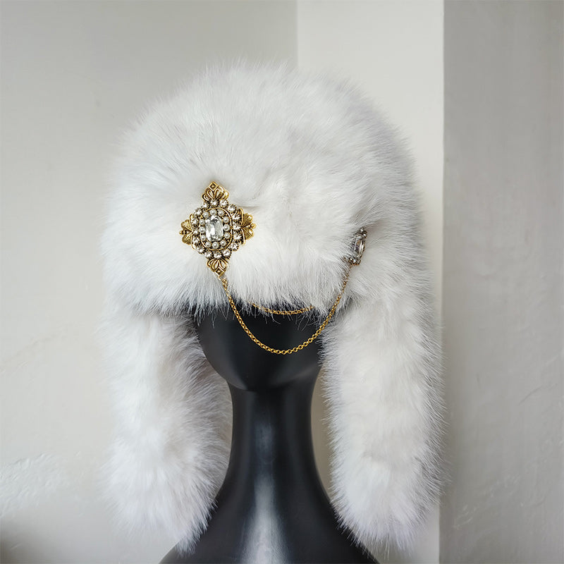 Womens Designer Luxury Bomber Hat, Ski Cap Faux Fur Pilot Hat, Diamond Thickened Winter Hat with Versatile Warm Ear