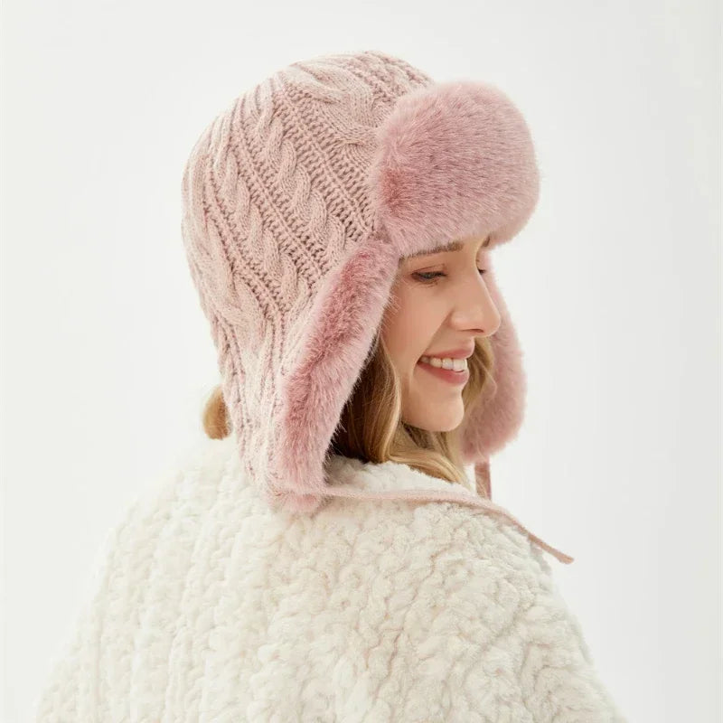 Womens Russian Caps Fur Winter Thickened Warm Knit Ushanka Earflap Pilot Hat Ski Snow Bomber Hat 4