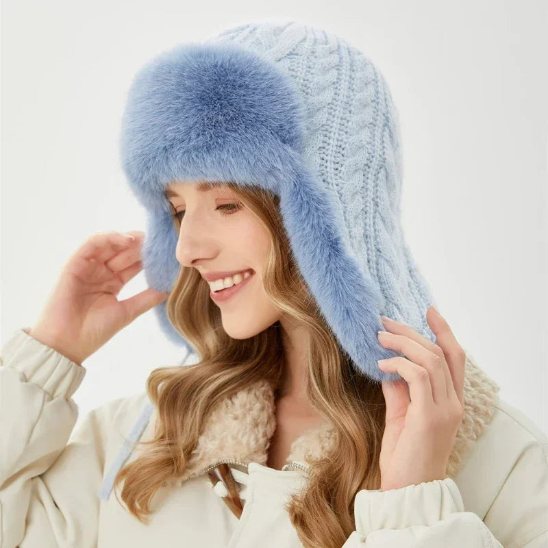 Womens Russian Caps Fur Winter Thickened Warm Knit Ushanka Earflap Pilot Hat Ski Snow Bomber Hat 14