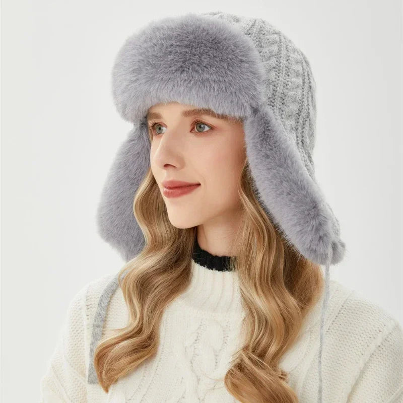 Womens Russian Caps Fur Winter Thickened Warm Knit Ushanka Earflap Pilot Hat Ski Snow Bomber Hat 16