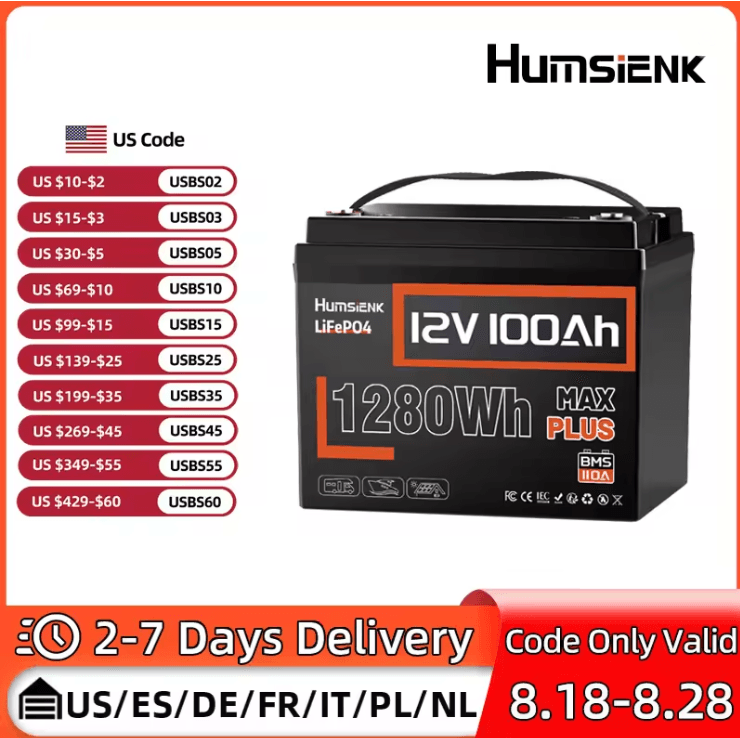Humsienk 12V 100Ah LiFePO4 Lithium Battery with 100A BMS for RV Marine and Solar Power