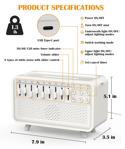 Bluetooth White Noise Machine With Aroma Diffuser Humidifier And Night Light 4