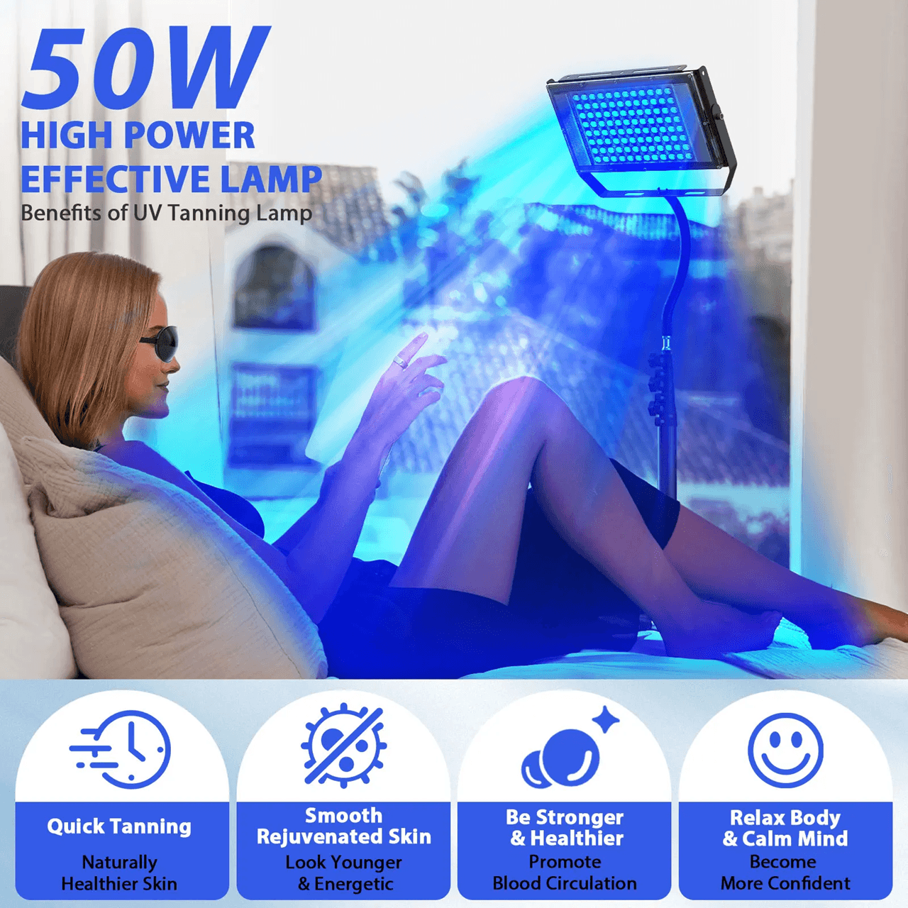 50W Ultraviolet Tanning Lamp with Tripod and Blue Light for Skin Care and Body Tanning