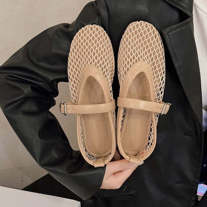 Womens Mary Jane Flats with Cut-Out Design and Buckle Strap