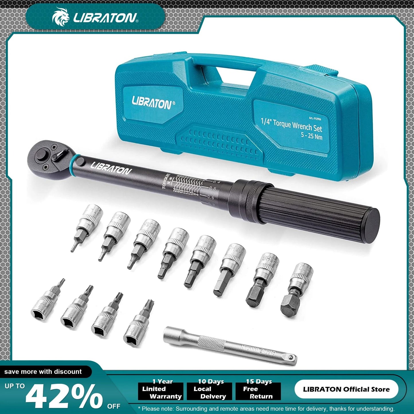 Bike Torque Wrench 1 4 Inch Drive Click Set with Hex Torx Bits and Extension Bar