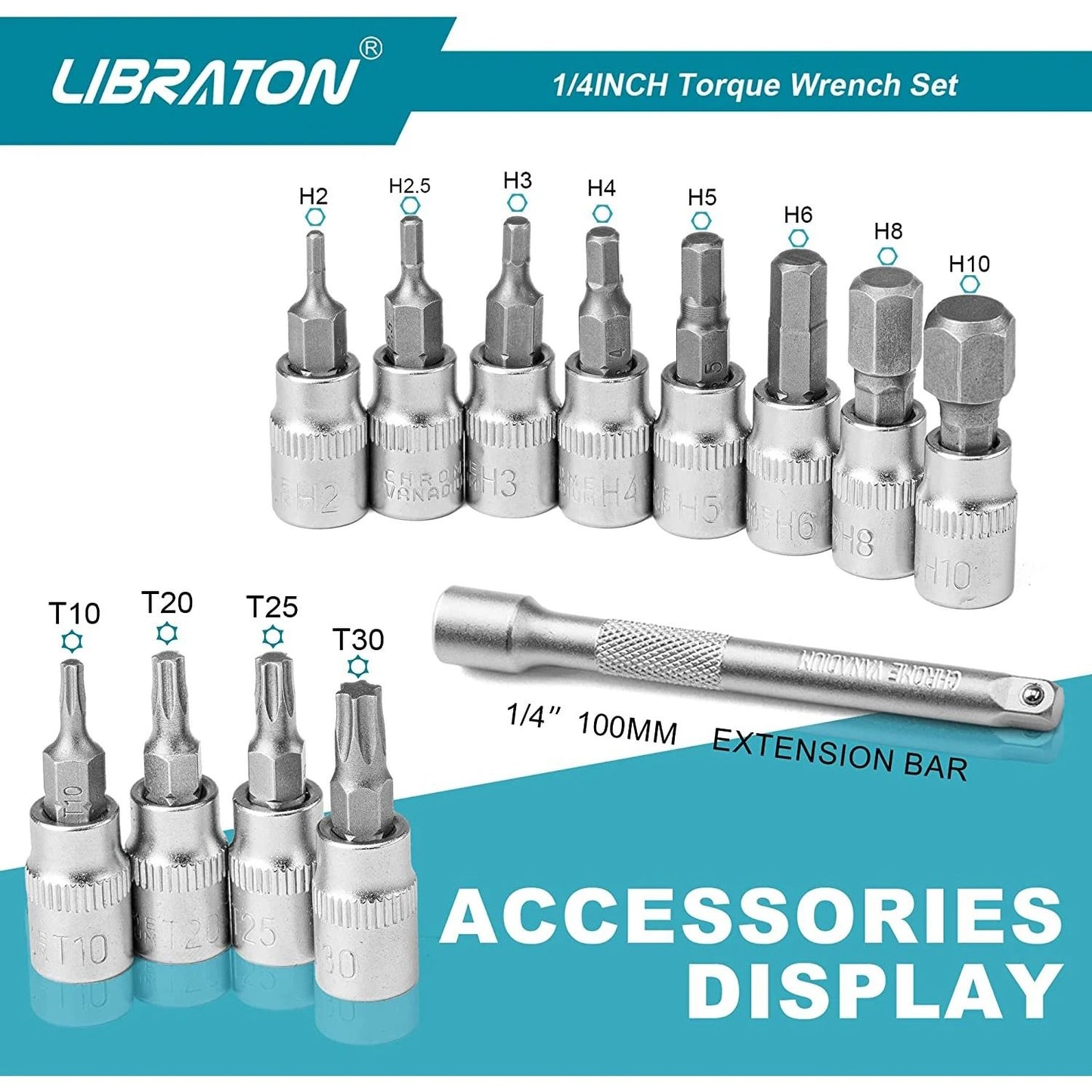 Bike Torque Wrench 1 4 Inch Drive Click Set With Hex Torx Bits And Extension Bar 3
