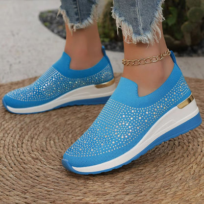 Womens Rhinestone Wedge Sneakers  Breathable Lightweight SlipOn Mesh Casual Shoes 2