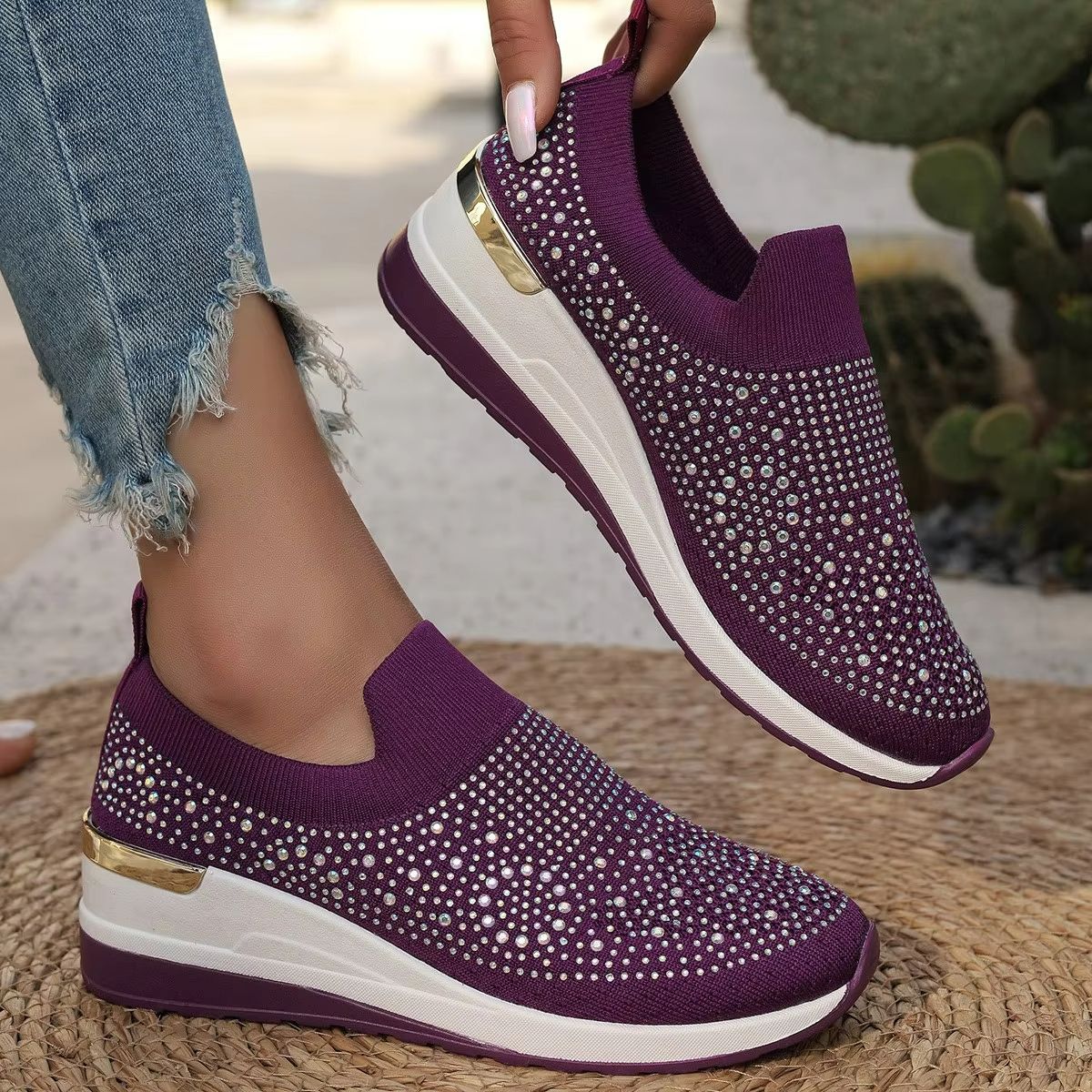 Womens Rhinestone Wedge Sneakers  Breathable Lightweight SlipOn Mesh Casual Shoes 3