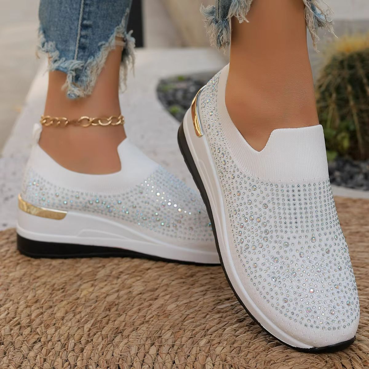 Womens Rhinestone Wedge Sneakers  Breathable Lightweight SlipOn Mesh Casual Shoes 5
