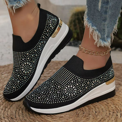 Womens Rhinestone Wedge Sneakers  Breathable Lightweight SlipOn Mesh Casual Shoes 7