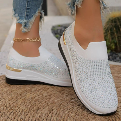 Womens Rhinestone Wedge Sneakers  Breathable Lightweight SlipOn Mesh Casual Shoes 11