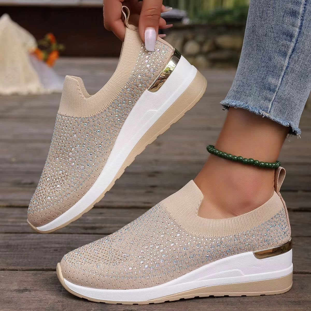 Womens Rhinestone Wedge Sneakers  Breathable Lightweight SlipOn Mesh Casual Shoes 12