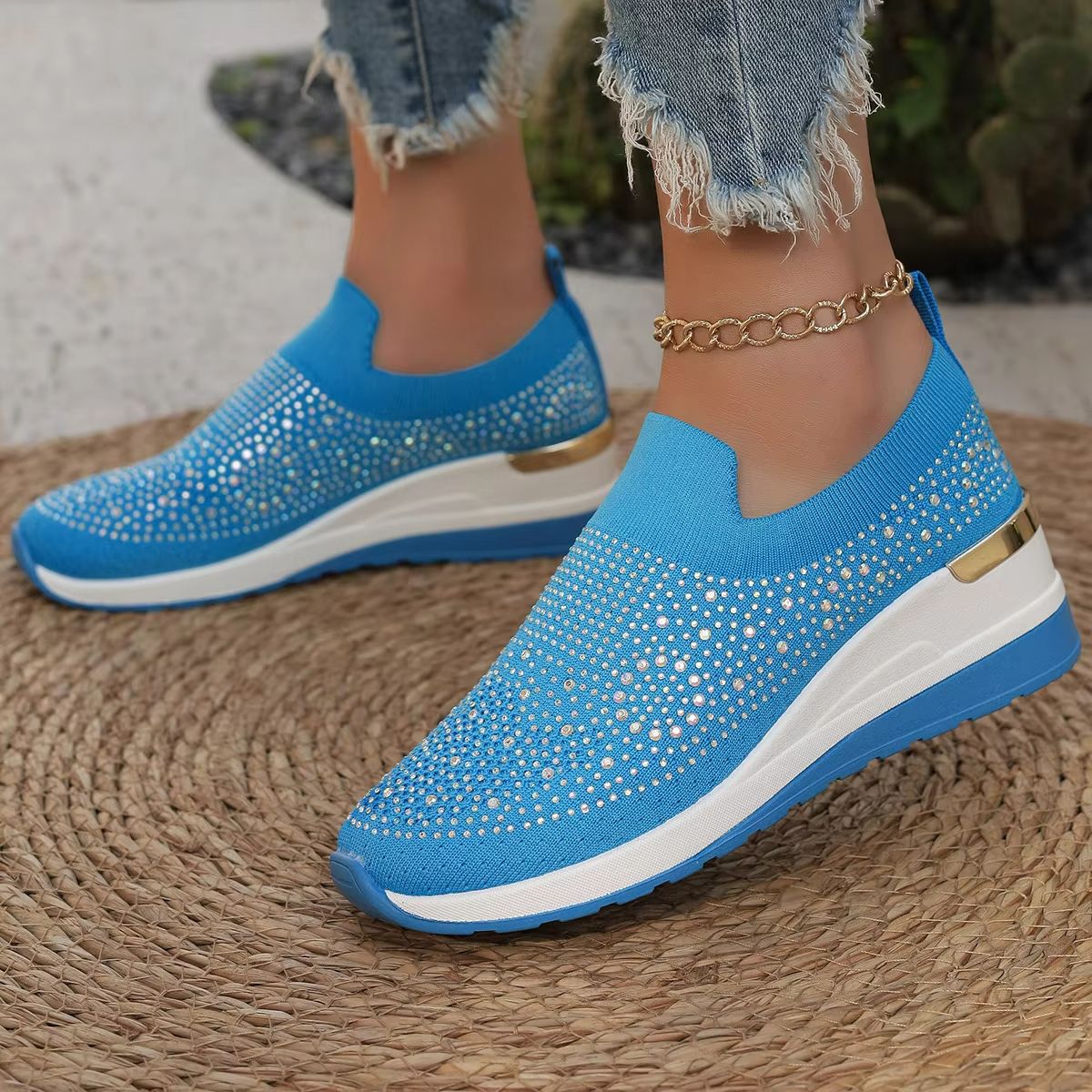 Womens Rhinestone Wedge Sneakers  Breathable Lightweight SlipOn Mesh Casual Shoes 8