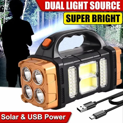 Portable Solar USB Rechargeable LED Flashlight with COB Work Light & Power Bank