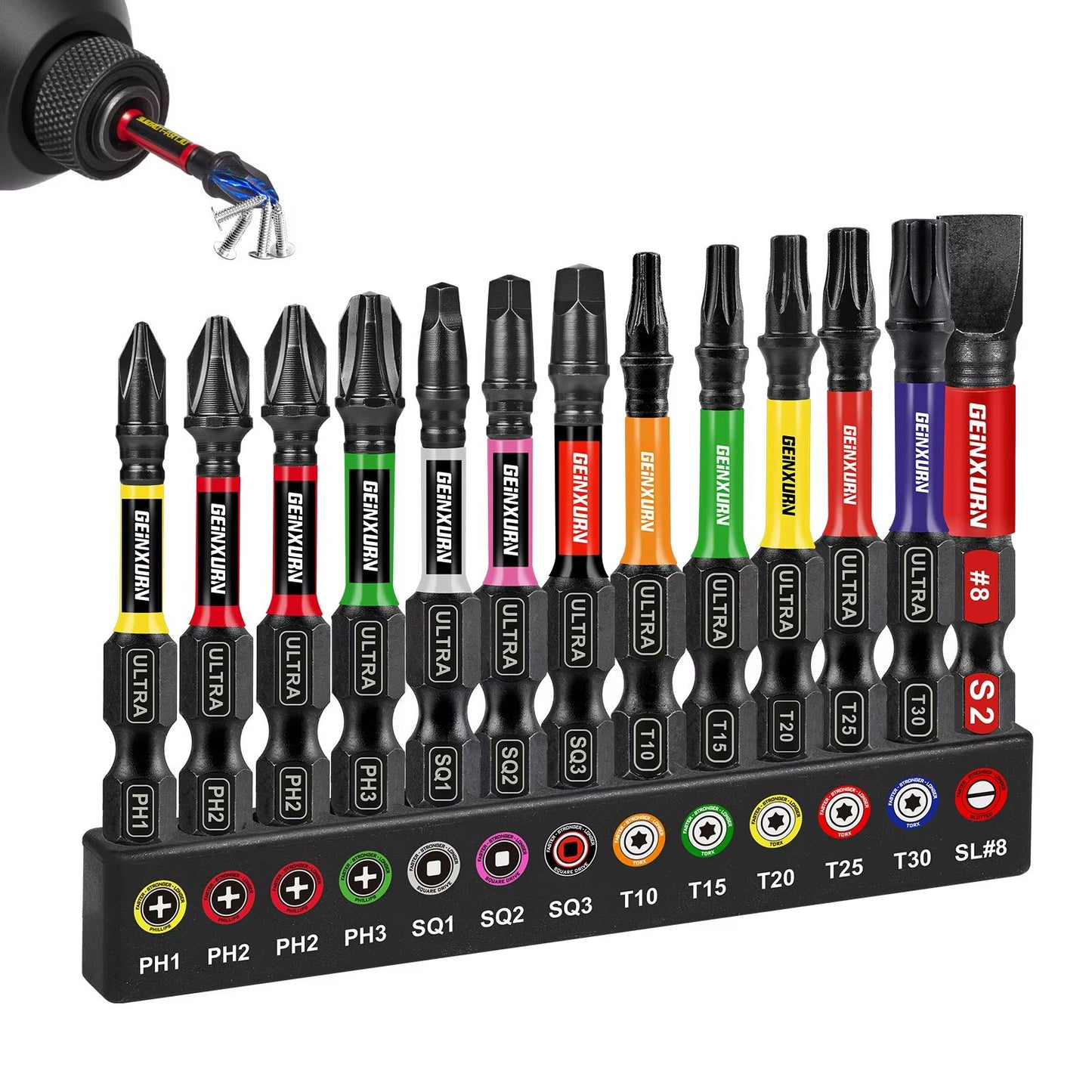 Geinxurn 13-Piece Magnetic Screwdriver Bits Set – S2 Steel Impact Driver Bits with Color-Coded Base