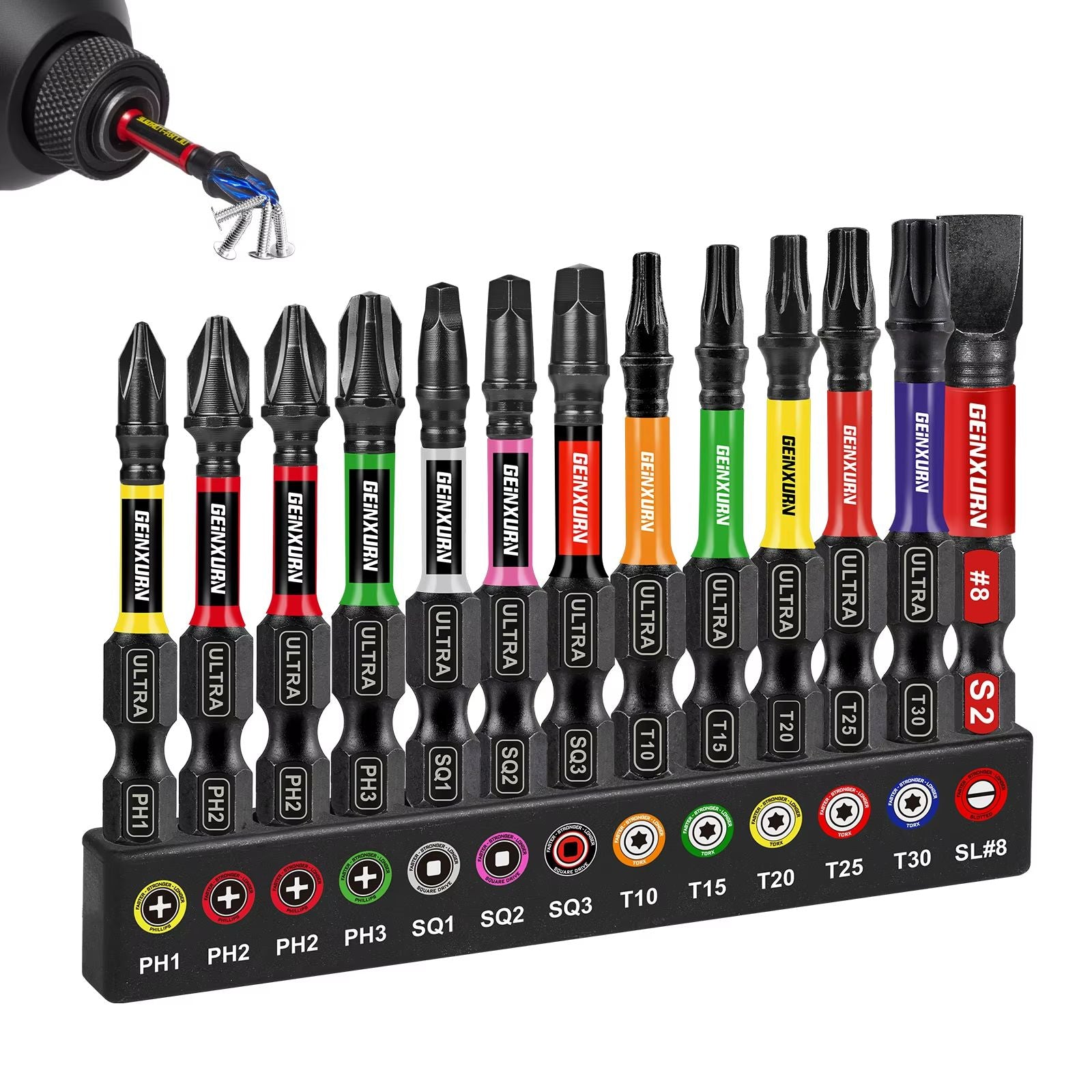 Geinxurn 13-Piece Magnetic Screwdriver Bits Set – S2 Steel Impact Driver Bits with Color-Coded Base