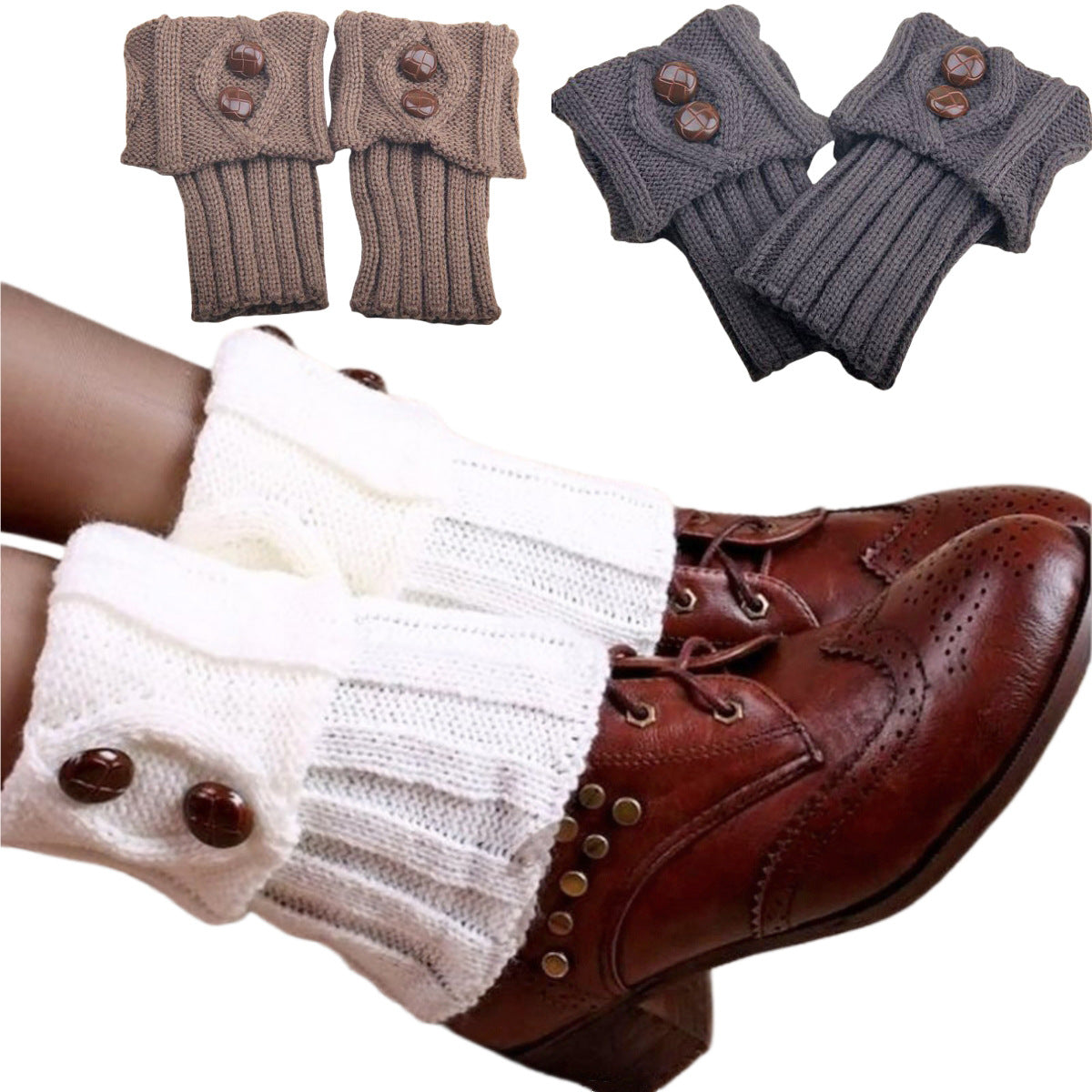 Autumn Winter Women's Knitted Wool Socks with Buttons, Fashion Boot Cover Leg Warmers & Foot Warmer