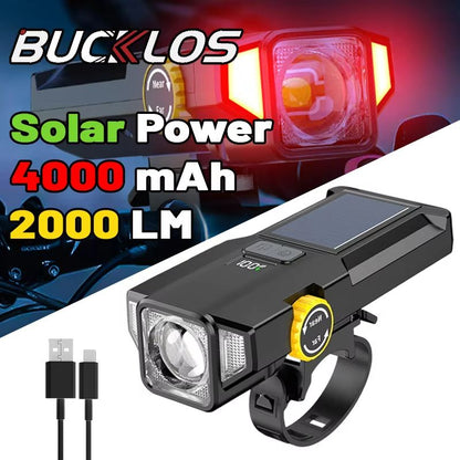 4000mAh Solar Bike Light – 2000LM Rechargeable Bicycle Front Light with Zoom Beam & COB Red Side Lamp