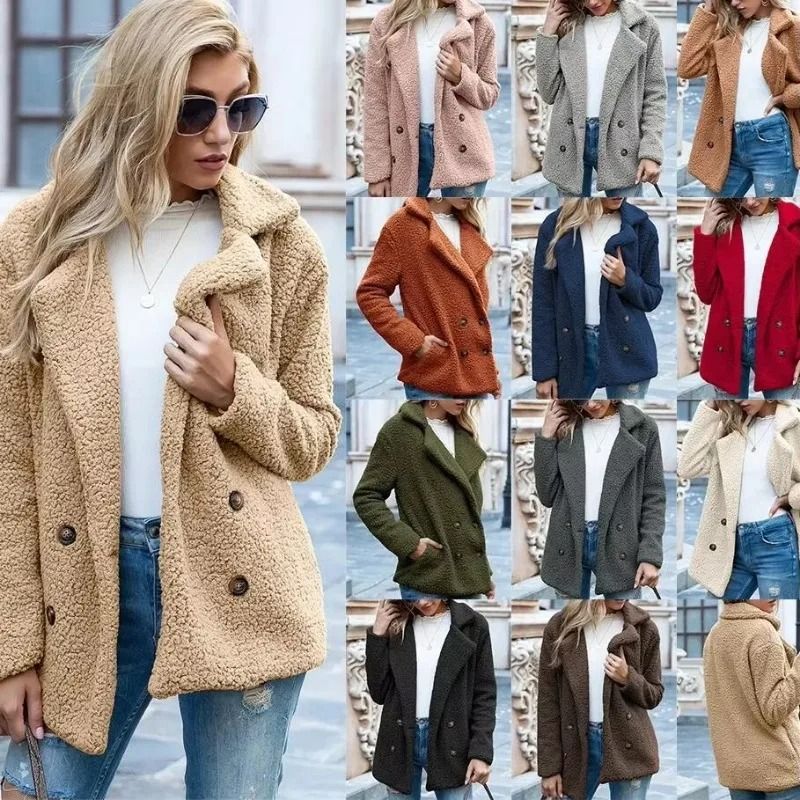 Womens Oversized Faux Fleece Coat with Lapel in Streetwear Style