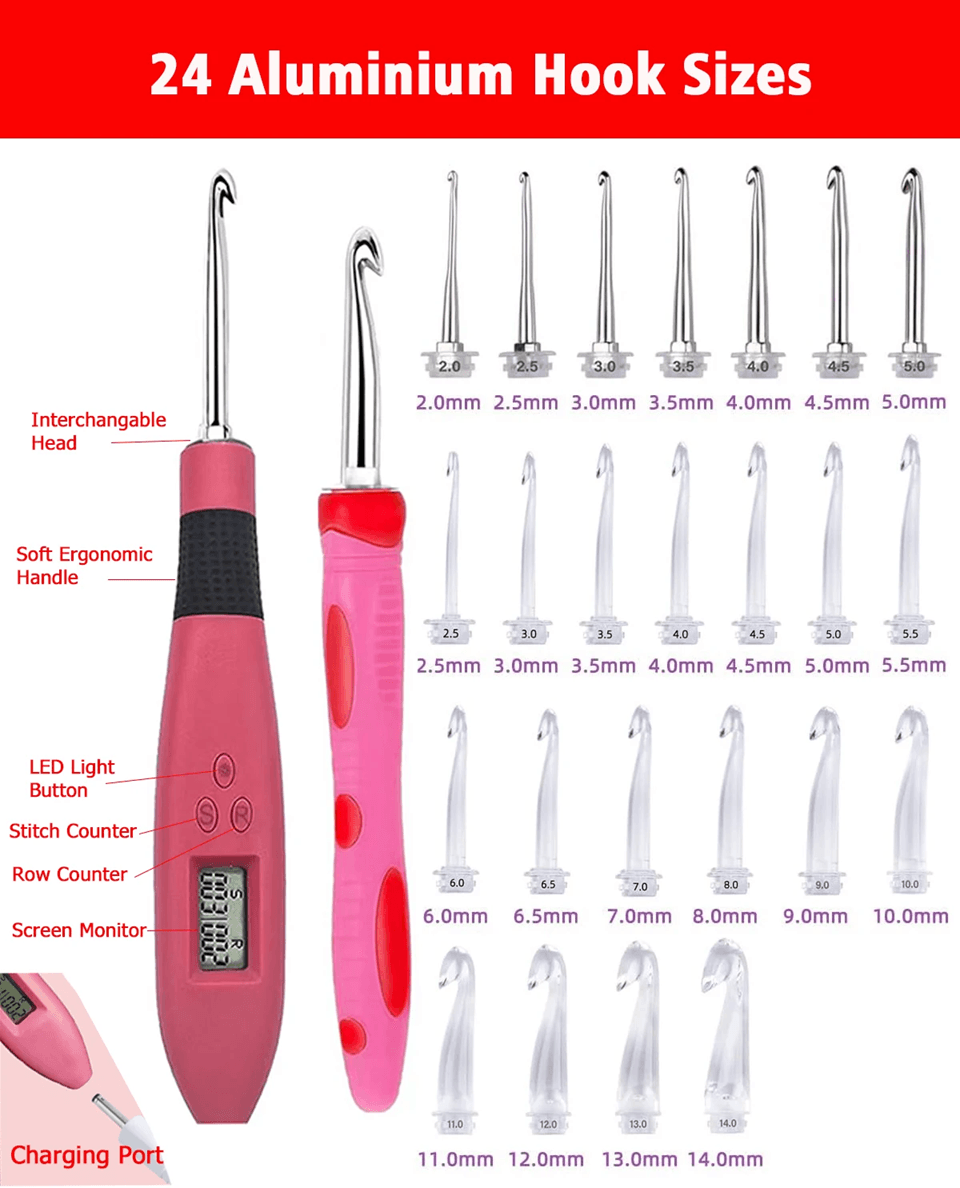 24 Piece Lighted Crochet Hook Set With Ergonomic Knitting Needles And Interchangeable Metal Heads 2