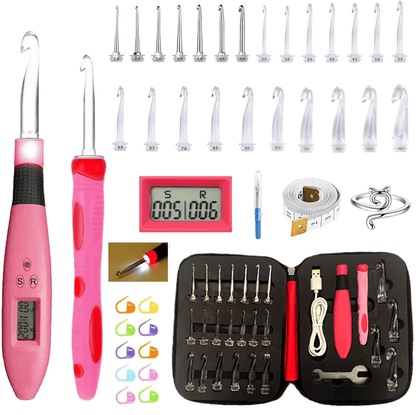 24 Piece Lighted Crochet Hook Set with Ergonomic Knitting Needles and Interchangeable Metal Heads