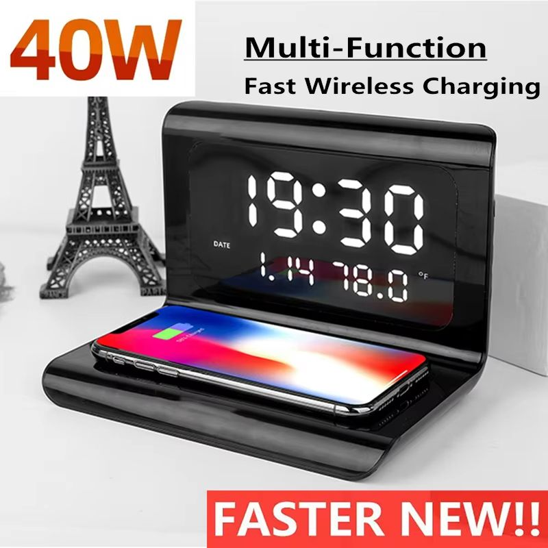 3-in-1 Wireless Charger with LED Clock & Calendar – Fast 40W Charging Dock for iPhone, Samsung & More