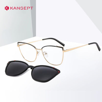 Women Metal Style Magnetic Polarizing Sunglasses Clip Set Cat Eye Spectacle Frame Myopia Eyeglass Fashion Accessory
