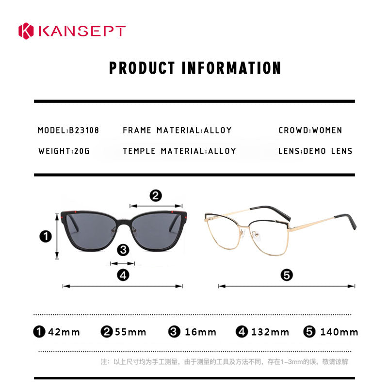 Women Metal Style Magnetic Polarizing Sunglasses Clip Set Cat Eye Spectacle Frame Myopia Eyeglass F 6