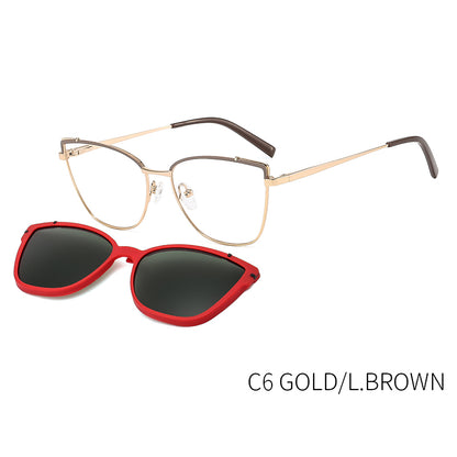 Women Metal Style Magnetic Polarizing Sunglasses Clip Set Cat Eye Spectacle Frame Myopia Eyeglass F 7