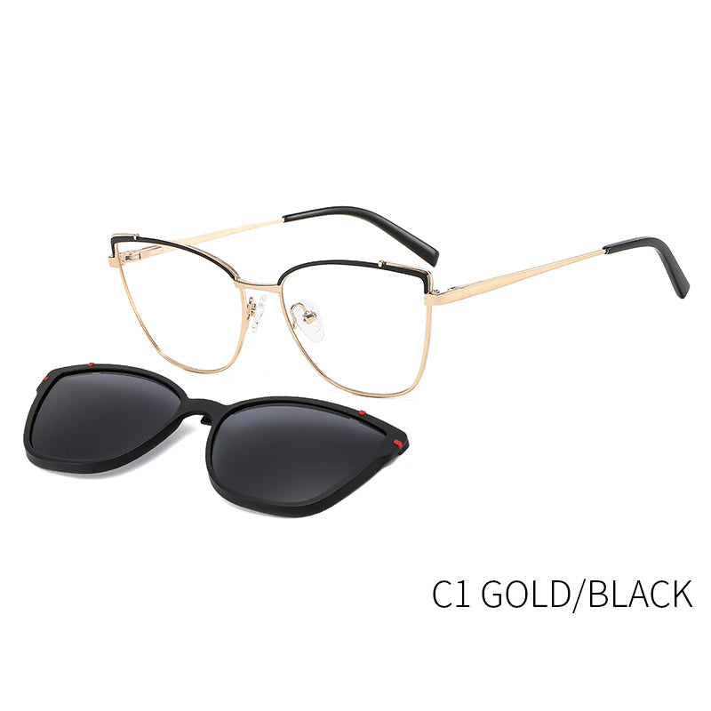 Women Metal Style Magnetic Polarizing Sunglasses Clip Set Cat Eye Spectacle Frame Myopia Eyeglass F 8
