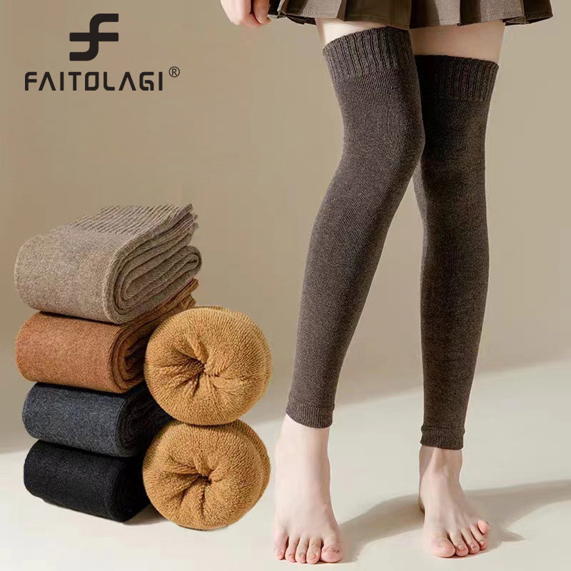 Winter Warm Knitted Leg Warmers for Women, Thick Wool Thermal Socks with Velvet Lining, Long Solid Color Stockings