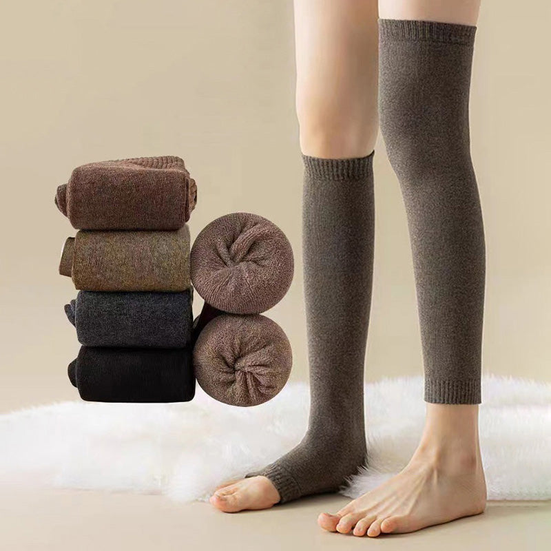 Winter Warm Knitted Leg Warmers for Women, Thick Wool Thermal Socks with Velvet Lining, Long Solid Color Stockings