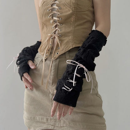 Fingerless Long Wrist Gloves & Arm Warmers, Knitted False Sleeves Cover in Black/White for Men & Women