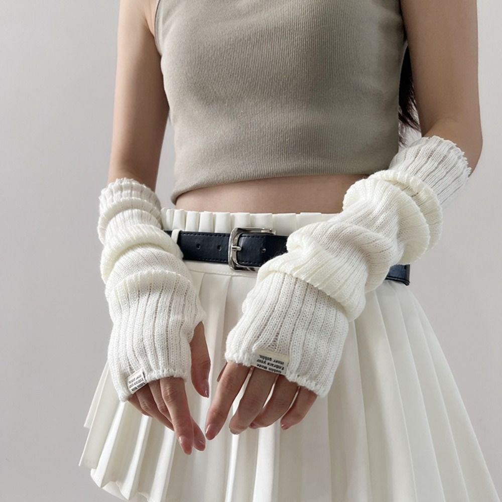 Fingerless Long Wrist Gloves & Arm Warmers, Knitted False Sleeves Cover in Black/White for Men & Women