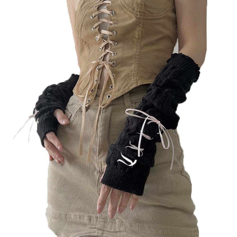 Fingerless Long Wrist Gloves & Arm Warmers, Knitted False Sleeves Cover in Black/White for Men & Women