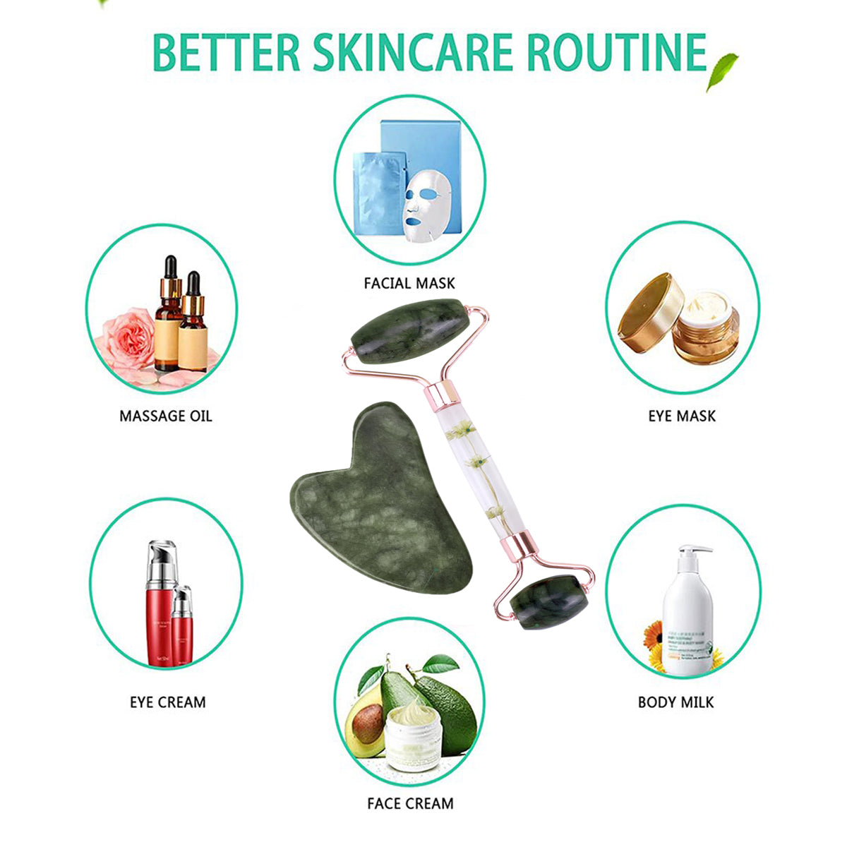 Natural Jade Gua Sha  Jade Roller Set Facial Massager For Skin Care Neck  Body Beauty Tools Slim Li 3