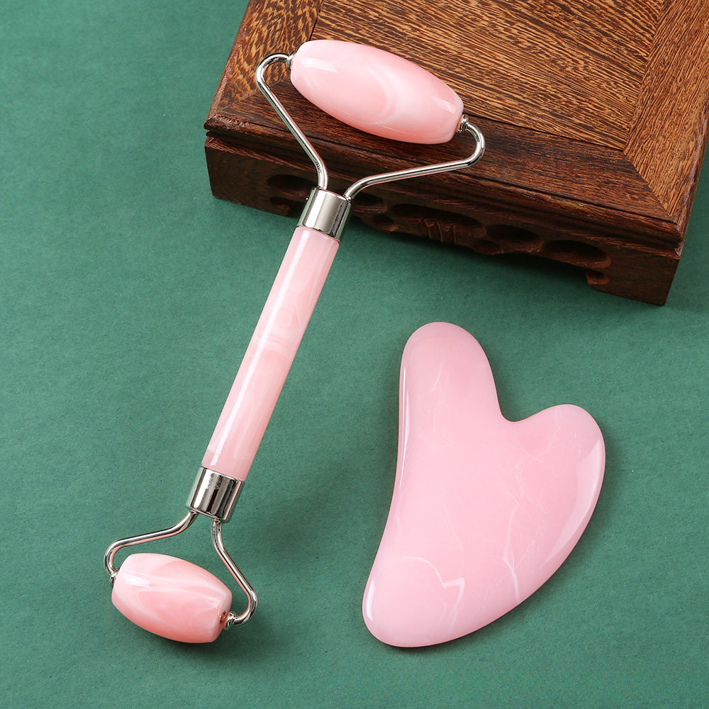 Pink Natural Resin Jade Roller Gua Sha Scraper Set Face Lift Massager AntiWrinkle  Double Chin Remo 6