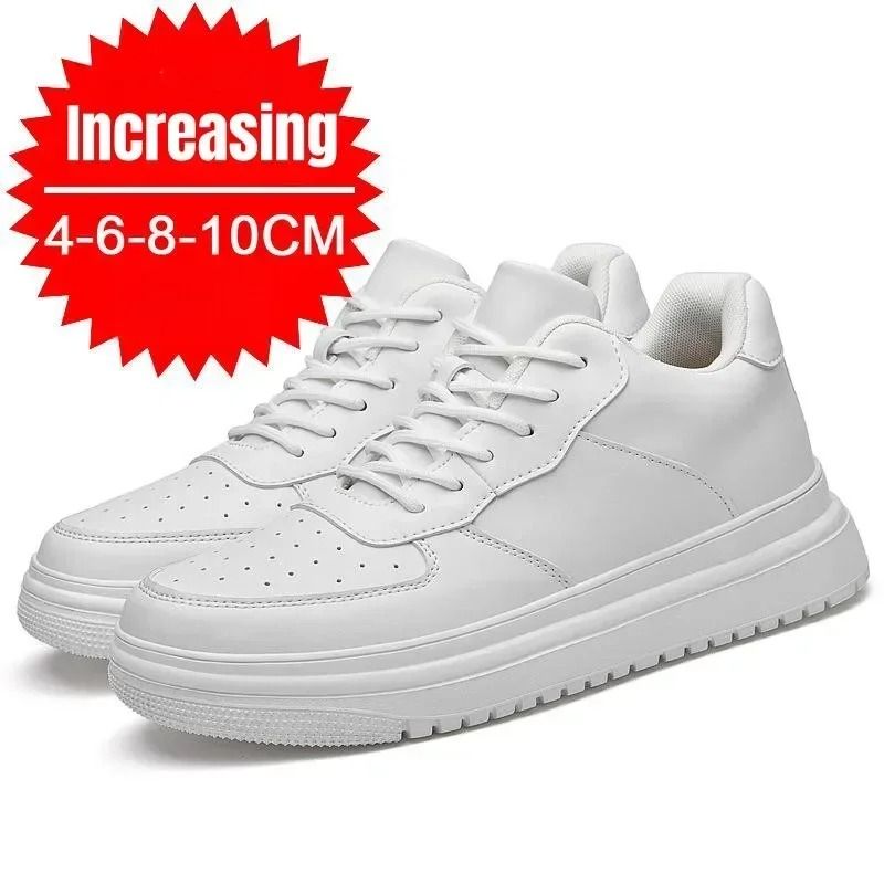 Mens Height Increasing Sneakers Invisible Elevator White Leather Sport Shoes