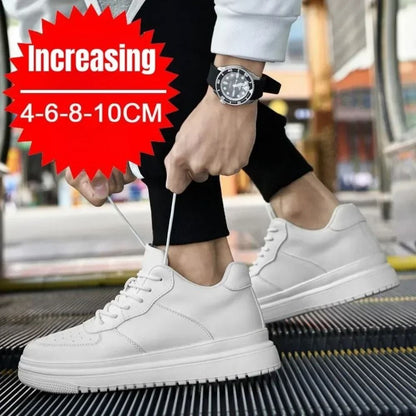 Mens Height Increasing Sneakers Invisible Elevator White Leather Sport Shoes 2