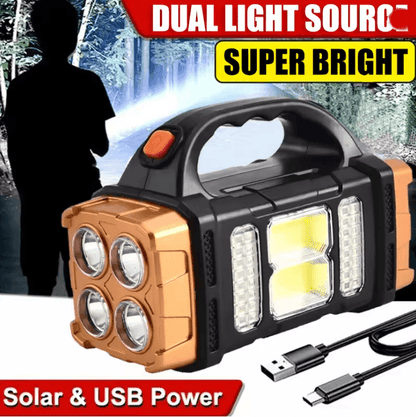 Rechargeable Solar LED Camping Flashlight with COB Work Light and Power Bank