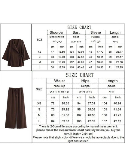Womens Kimono Style Two Piece Outfit With Lace Up Top And Wide Leg Pants 5