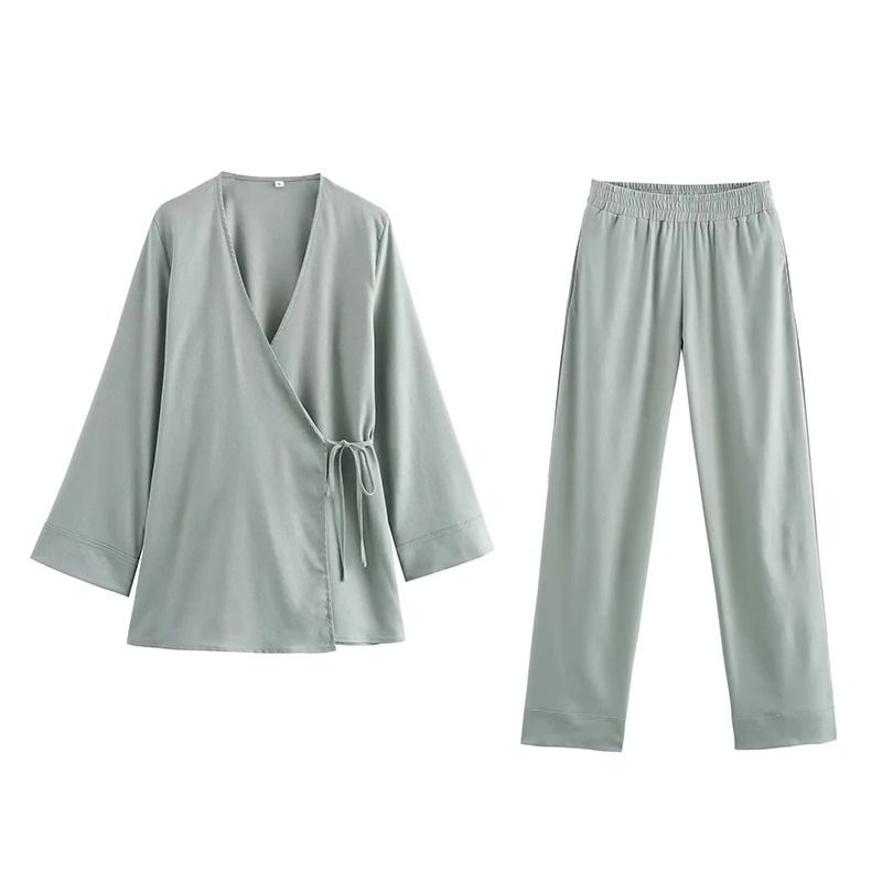 Womens Kimono Style Two Piece Outfit With Lace Up Top And Wide Leg Pants 7