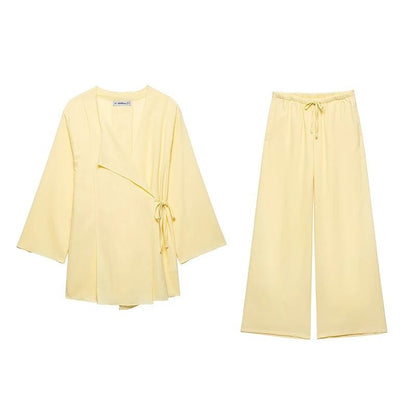 Womens Kimono Style Two Piece Outfit With Lace Up Top And Wide Leg Pants 8