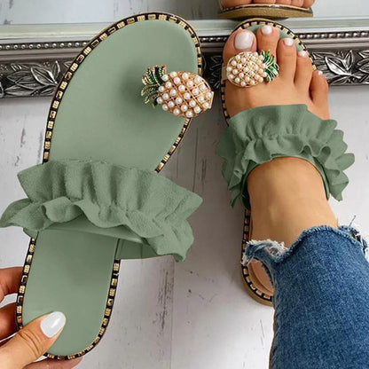 Womens Bohemian Pineapple Pearl Flat Slide Sandals 4